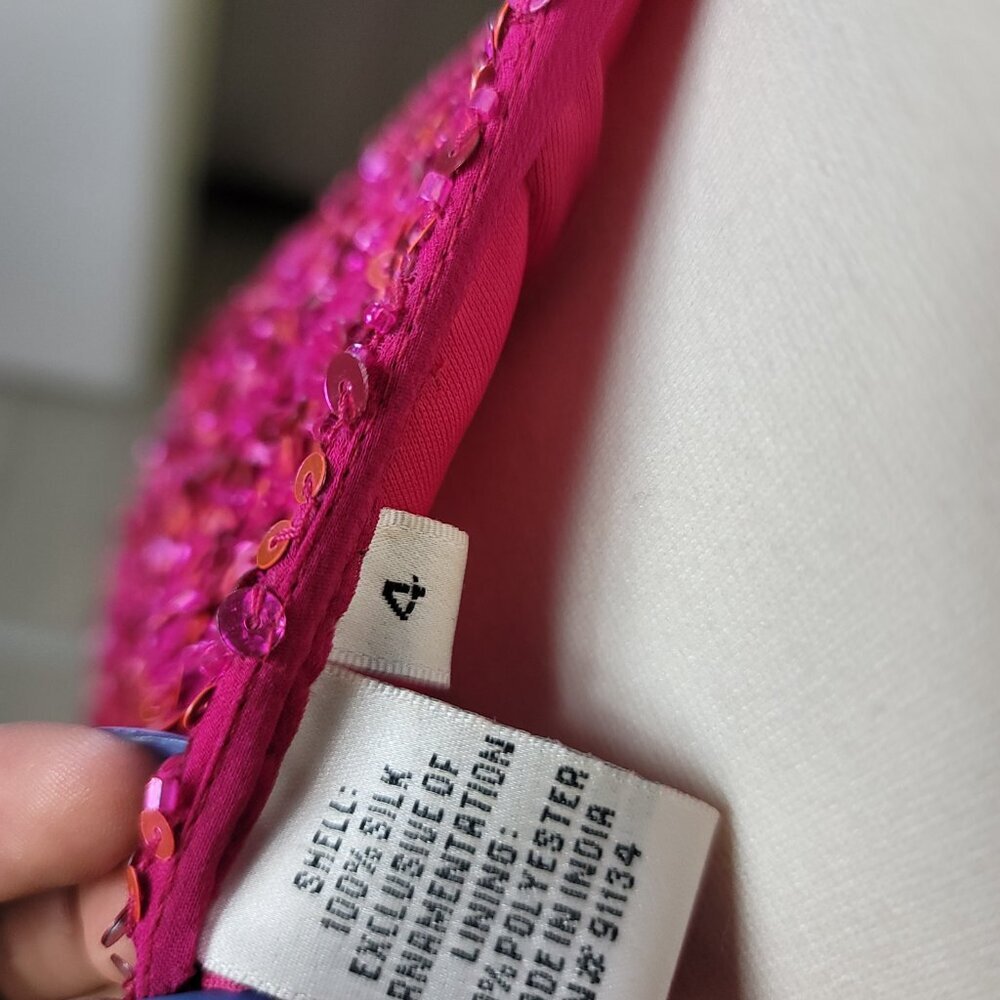 Scala Vintage Hot Pink 100% Silk Crystal Sequin Open Back Women's Gown | Size 4 - Picture 9 of 13